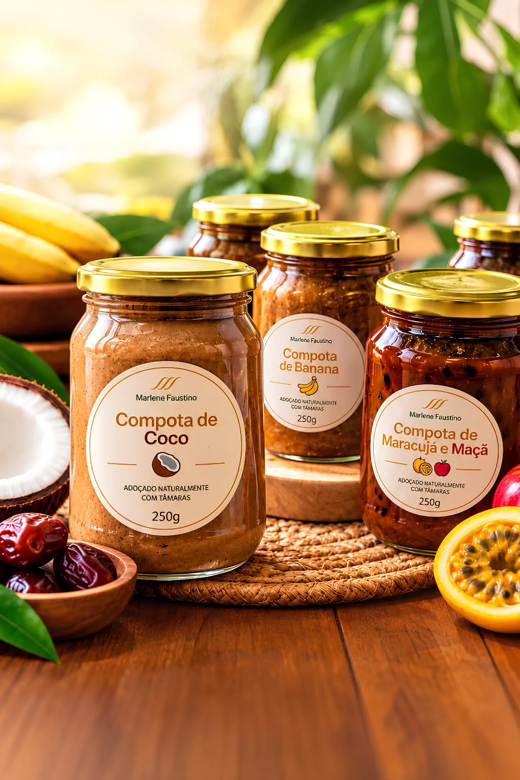 Potes de compota Marlene Faustino de coco, banana e maracujá com maçã, com tâmaras e frutas ao redor