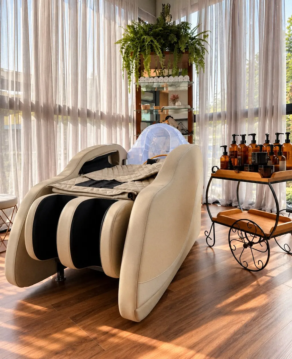 Lavatório de massagem do DENIV Hair Spa, junto à janela, ao lado de um carrinho com os produtos