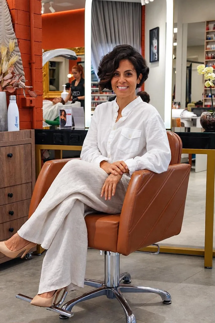 Marlene Faustino, de camisa branca e calça de linho, sentada em uma cadeira de couro caramelo no salão, sorrindo